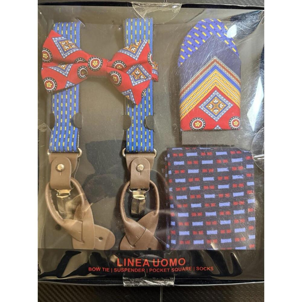 Linea Uomo 4 Piece Bow Tie Pocket Square Suspenders Socks Set NEW